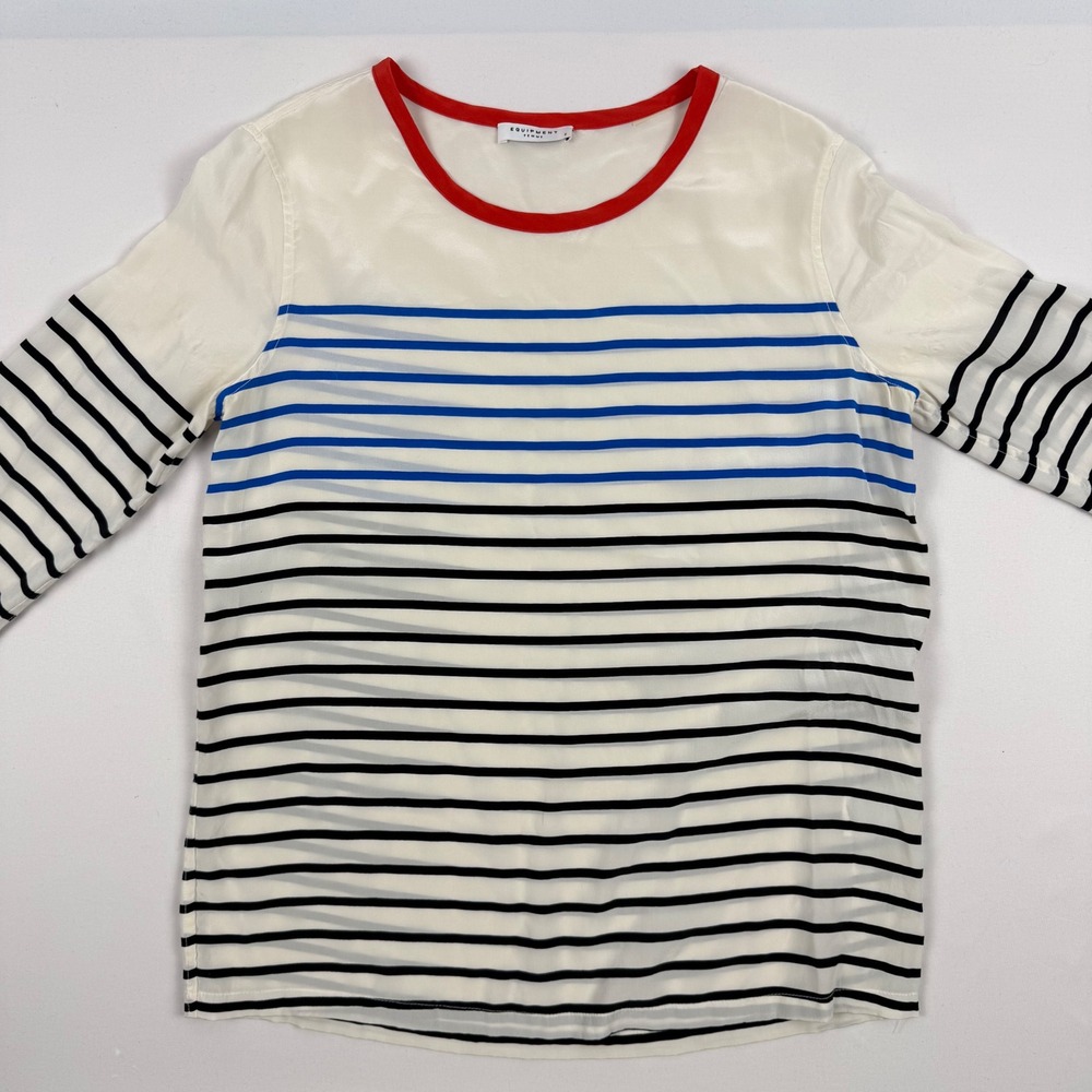 Equipment Femme 100% Silk Striped Long Sleeve Blouse Red Trim Q565B-E315G Small - Picture 2 of 11